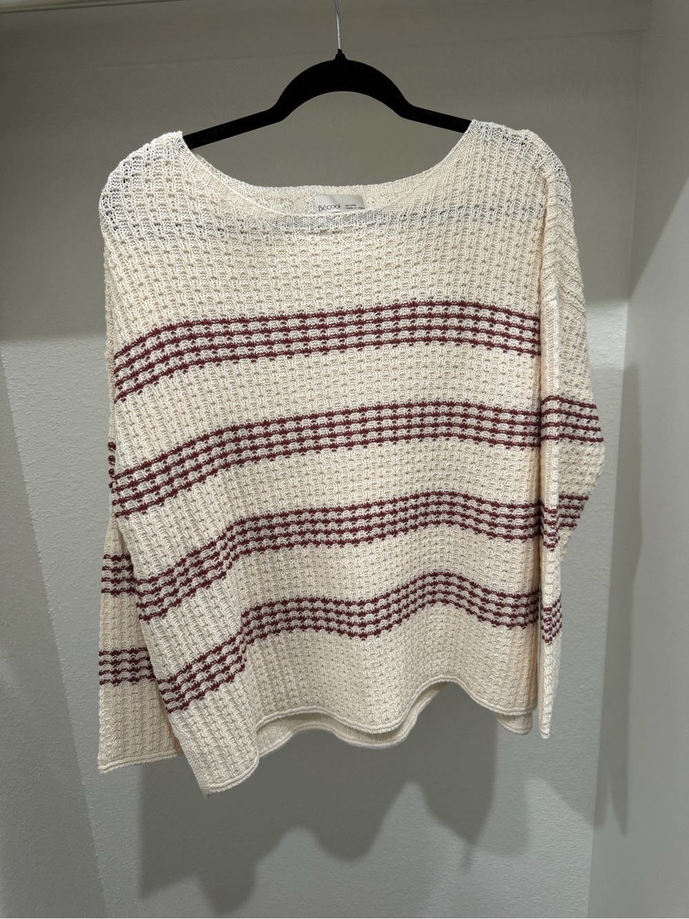 Striped Scoop-Neck Waffle Knit Sweater in Cream and Burgundy